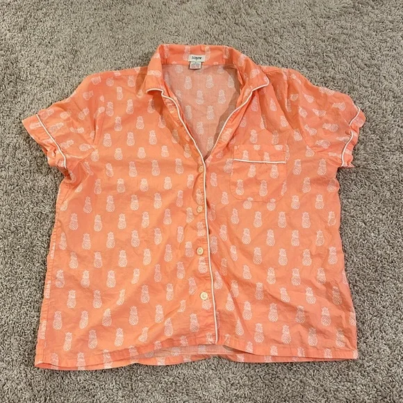 JCrew neon orange with white pineapple print pajamas Sz L - Picture 5 of 7